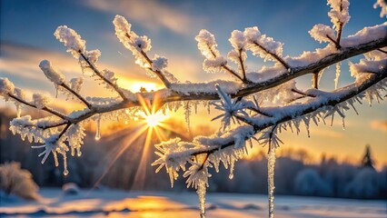 Sticker - Sunbeams illuminating a snow-laden branch with delicate icicles cascading downwards, creating a winter wonderland scene