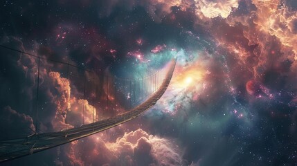 a cosmic bridge extends through a vibrant galaxy filled with colorful nebulas and swirling gases, sh