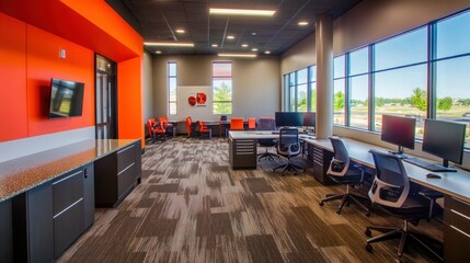 Poster - Modern Office Space with Orange Walls, Windows, and Desks