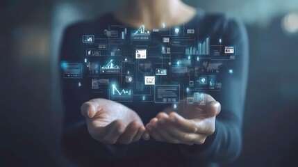Poster - A person's open hands cradling a network of glowing digital charts and icons.