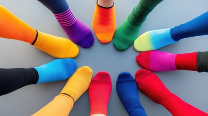 A vibrant circle of colorful socks arranged closely, showcasing a variety of textures and hues on a gray background.