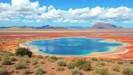 Poster - A bright blue lake surrounded by red earth in a desert landscape.