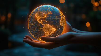 Elegant model of hands holding a luminous globe of Earth filled with information and data