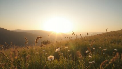 Wall Mural - Golden sunset over a field of wildflowers.