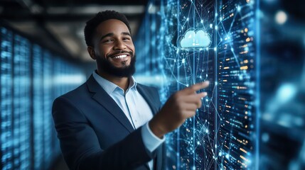 Poster - A smiling businessman in a suit stands in front of a server room, interacting with a digital cloud computing interface on a large screen.