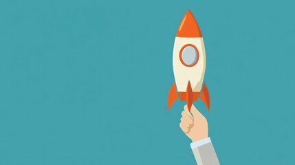 Aufkleber - A hand holding a red and white rocket against a blue background, symbolizing a new business venture, or taking off on a new journey.