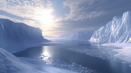 Aufkleber - A frozen landscape with a river and mountains in the background