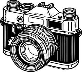 Black Line Art Dark Old Vintage Camera Electronic Device Hand Drawn Illustration