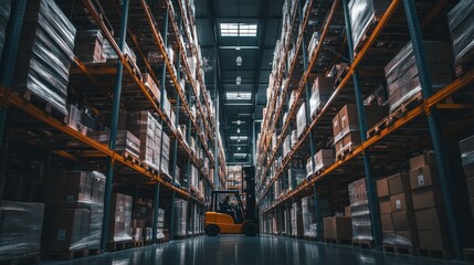 Poster - A Forklift Navigating Through Rows of Pallets in a Warehouse