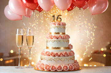 16th wedding anniversary celebration. Wedding cake, champagne and bouquet of rose flower. Romantic background.
