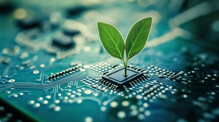 Aufkleber - A green plant sprout growing out of a computer circuit board.