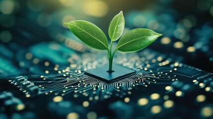 Aufkleber - A small green plant growing out of a computer chip on a circuit board, representing the concept of green technology and sustainability.