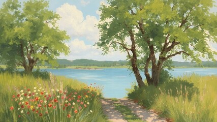 Poster - A scenic view of a lake with lush trees and wildflowers in the foreground.