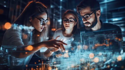 Aufkleber - A team of three young professionals in glasses are collaborating and looking at a screen with data and code.