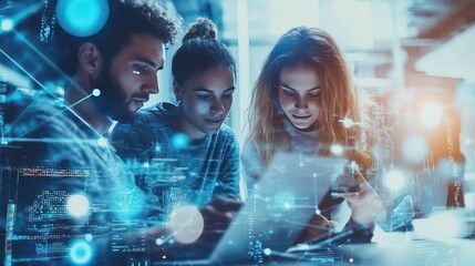 Poster - Three young professionals working on a project together, looking at a laptop screen, with futuristic digital elements overlayed.
