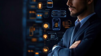 Poster - Confident businessman with arms crossed, standing in front of a server rack with glowing digital interfaces.