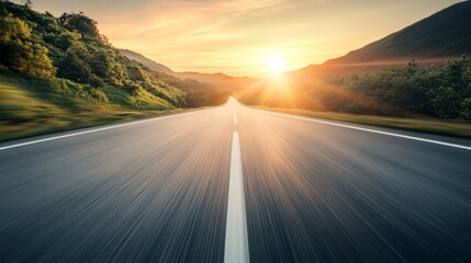 Poster - A long road with a sun shining on it