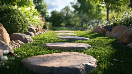 Poster - A path with a stone walkway and a grassy area