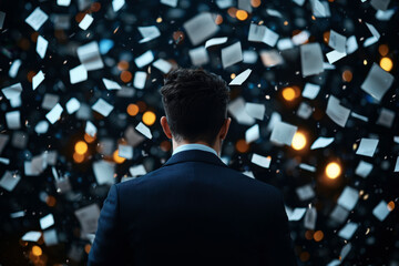 A man in a suit is standing in a room with paper flying everywhere