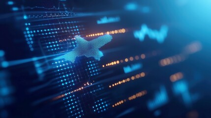 Poster - Global Business Network Animation, dynamic flight through interconnected graphs and charts, showcasing growth with blue lines, dots, and grids in a vibrant digital landscape.
