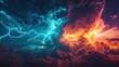 © thenort - Dramatic stormy sky with lightning bolts in contrasting blue and orange colors.