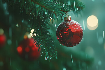 .christmas balls on pine tree branch green leaf blurred bokeh background merry christmas,film style