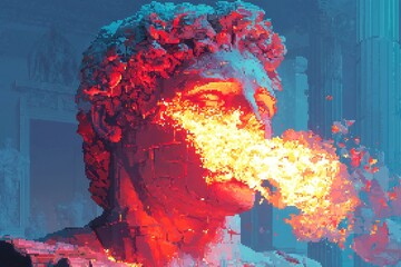 Poster - Fire-breathing Statues with Animated Flames, vibrant pixel art scene, dynamic movement of fiery breath, whimsical atmosphere, enchanting blend of fantasy and charm