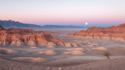 Sticker - A desert landscape with red hills and a full moon.