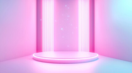 Poster - Dynamic neon particle light display illuminating a vibrant award party stage, creating an energetic atmosphere with ample space for celebration and recognition.
