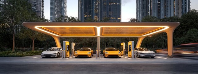 Busy Electric Vehicle Charging Station in the City.Concept of sustainable urban mobility, renewable energy, electric vehicle infrastructure, smart city technology.