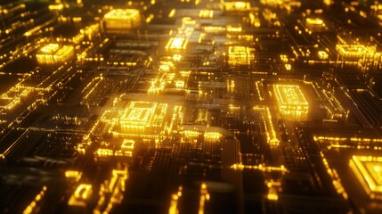 Poster - Abstract Golden Circuit Board with Glowing Lines and Squares