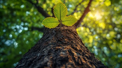 Wall Mural - Young Leaf on Tree Trunk