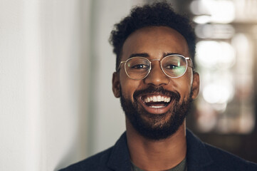 Fototapete - Creative business man, portrait and happiness in office for startup, diversity and company agency. Designer, smile and art director for project proposal, confidence and professional entrepreneur