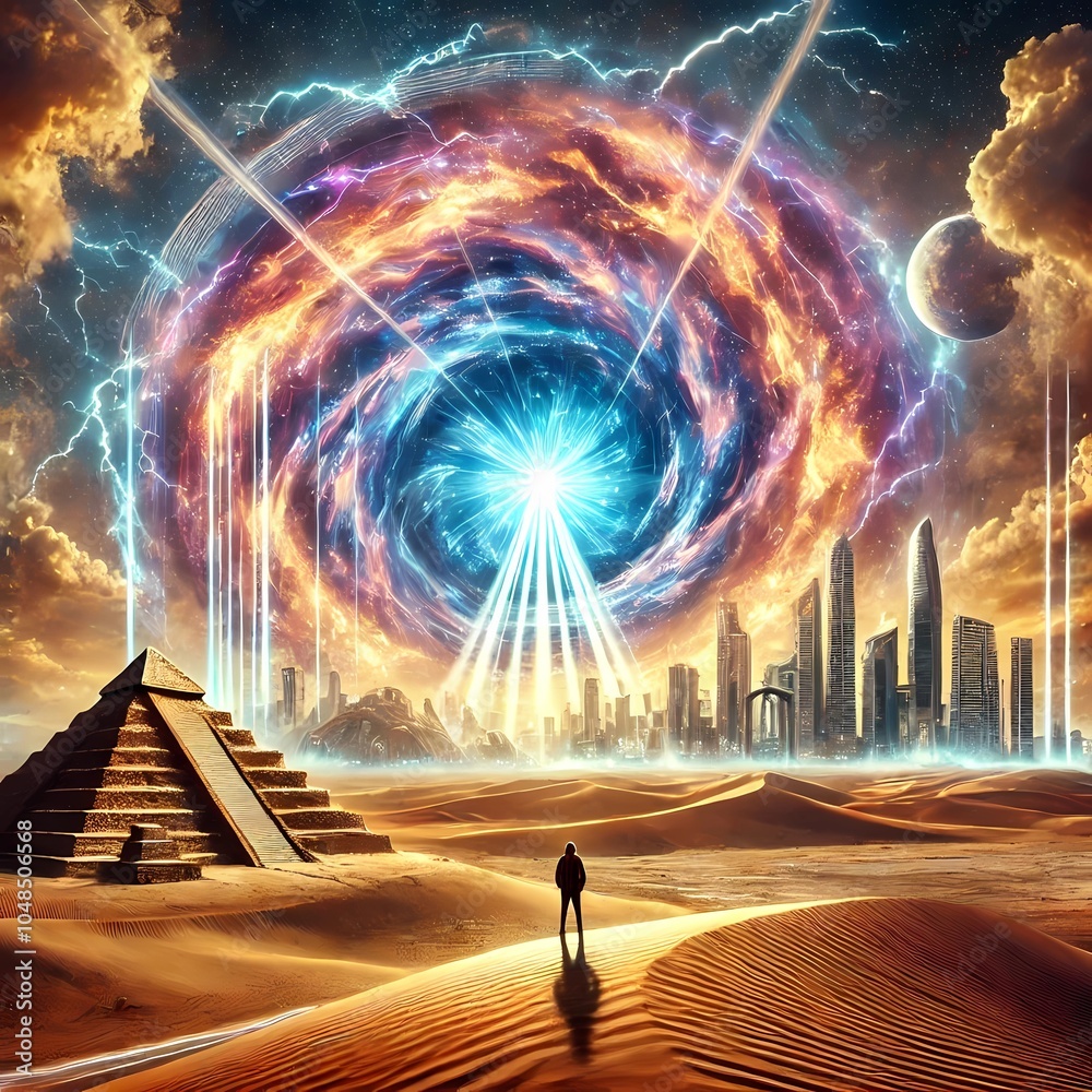 A powerful scene of time travel where a massive, glowing vortex opens ...