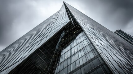 A high-contrast, monochrome photo capturing the angular architecture of a modern glass building against a grey sky.