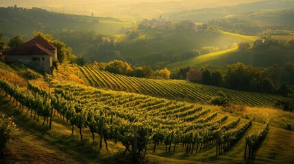 Poster - Rural Landscape with Vineyard and Stone House in Slovenia