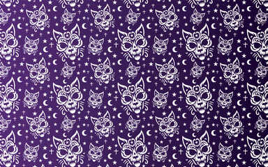 Cat, tiger, feline, tribal style, with moon and star, pattern in purple tones