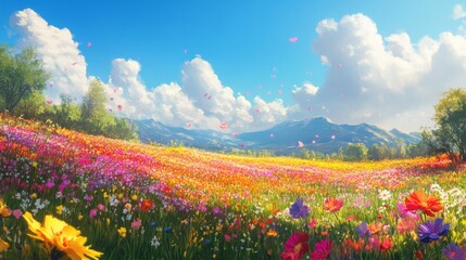 Wall Mural - vibrant wildflower field with mountains and blue sky