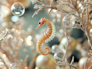 A delicate seahorse ornament hanging on a glittering branch of a Christmas tree, surrounded by bubbles and warm bokeh lights, adding a whimsical touch to holiday decor.