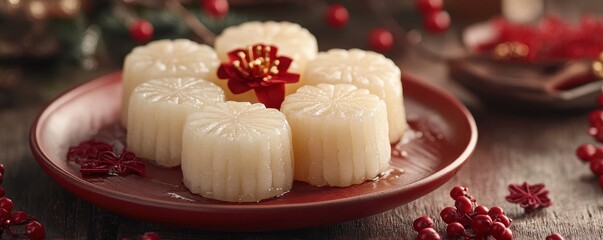 Sticky rice cake (Nian Gao) arranged on a red plate with festive decorations around it, symbolizing the sweet taste of prosperity and good fortune in the New Year.