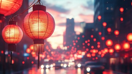 Brightly lit red lanterns hanging in rows along a busy street during the Chinese New Year festival, adding a festive glow to the cityscape at dusk.