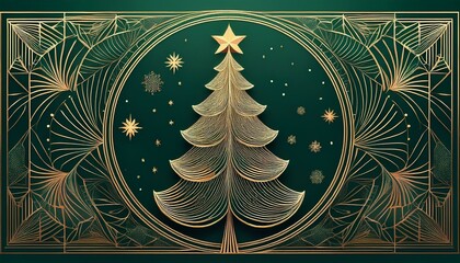 Golden Christmas tree with geometric snowflakes and fireworks