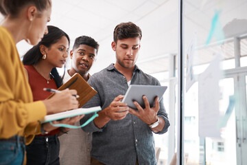 Poster - Teamwork, diversity and tablet in brainstorming or workshop in boardroom, office or business as startup. People, technology and meeting in company with notebook, discussion and planning as colleagues