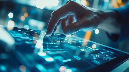 Leinwandbilder - A hand is touching a screen with a blue background