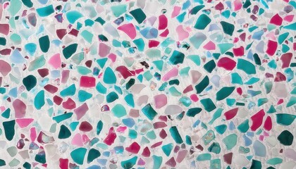 Poster - Soft Pastel Terrazzo Texture with Pink, Turquoise, and White Glass Shards on Concrete Like Background. Perfect for Modern Design Elements, Interior Decor Patterns, Product Packaging, Digital Artwork
