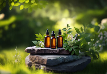 Four glass bottles with droppers are displayed on a stack of rocks in a lush, green natural setting.