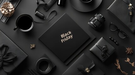 Minimal black flatlay for Black Friday sale concept