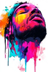 A vibrant, abstract portrait of a Black male with closed eyes, showcasing bold colors and creative brush strokes.