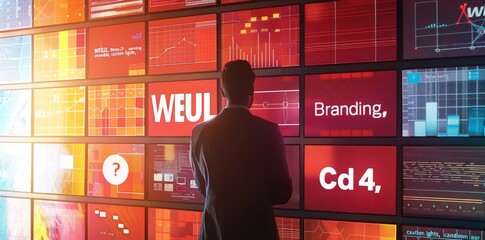 Poster - A professional examines a digital display wall filled with branding and marketing data in a modern office setting during a strategic meeting