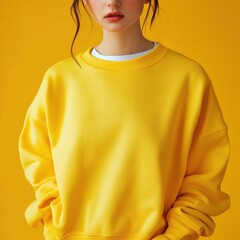 Women's basic sweatshirt mockup. Beautiful young woman model in yellowGildan 18000, standing against colorful bright wall background. Women's crewneck long sleeve tshirt mockup. Blank shirt template	
